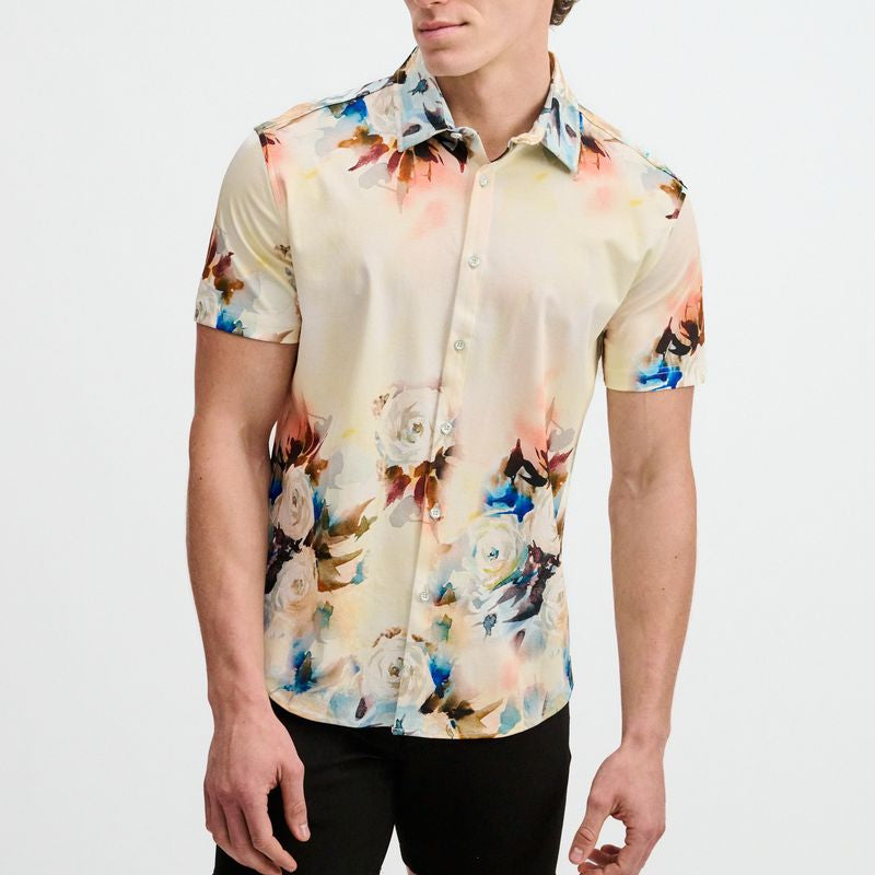 YOLK/BLUSH FLORAL ENGINEERED BORDER PRINT COTTON KNIT JERSEY SHORT SLEEVE SHIRT ST-9356