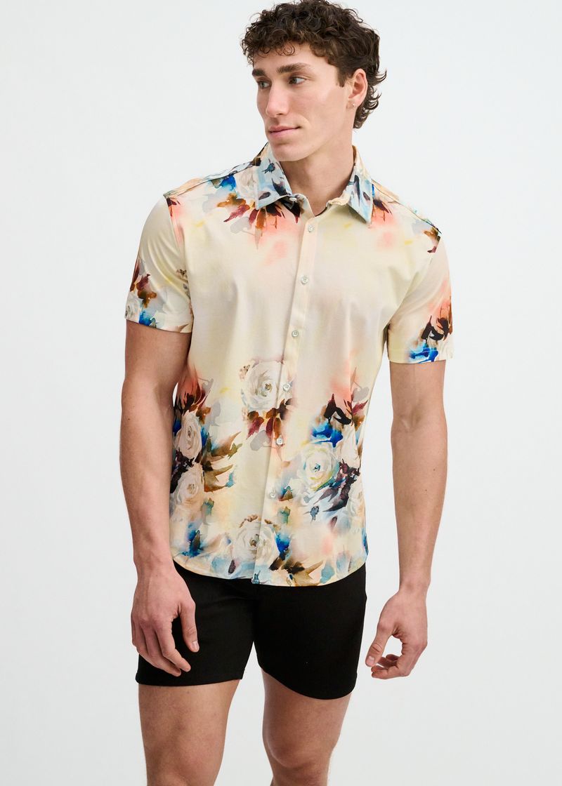 YOLK/BLUSH FLORAL ENGINEERED BORDER PRINT COTTON KNIT JERSEY SHORT SLEEVE SHIRT ST-9356
