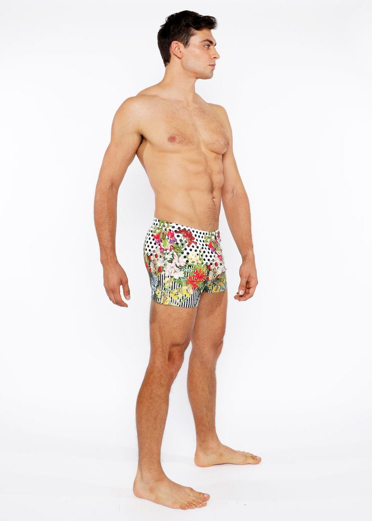 BLACK/WHITE DOTS FLORAL PRINTED SWIM SHORT W/MESH BRIEF LINING ST-8024-03