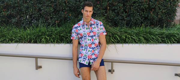 SLATE/SIENNA FLORAL PRINTED COTTON KNIT JERSEY SHORT SLEEVE SHIRT ST-9338