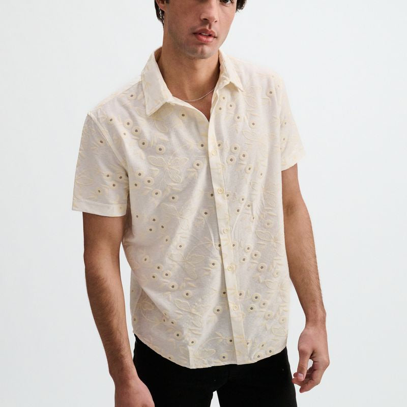 VANILLA/WHITE PRINTED STRETCH EYELET KNIT SHORT SLEEVE SHIRT ST-24077