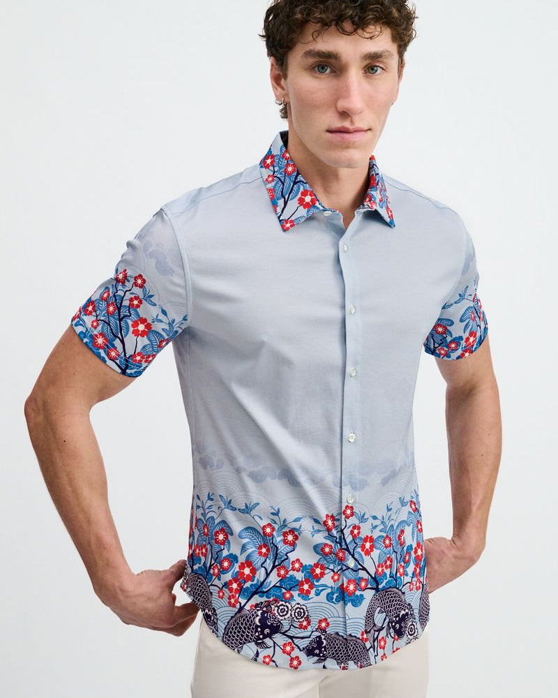 SLATE/NAVY FLORAL ENGINEERED BORDER PRINT COTTON KNIT JERSEY SHORT SLEEVE SHIRT ST-9353