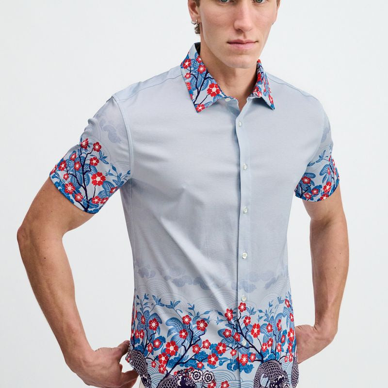 SLATE/NAVY FLORAL ENGINEERED BORDER PRINT COTTON KNIT JERSEY SHORT SLEEVE SHIRT ST-9353