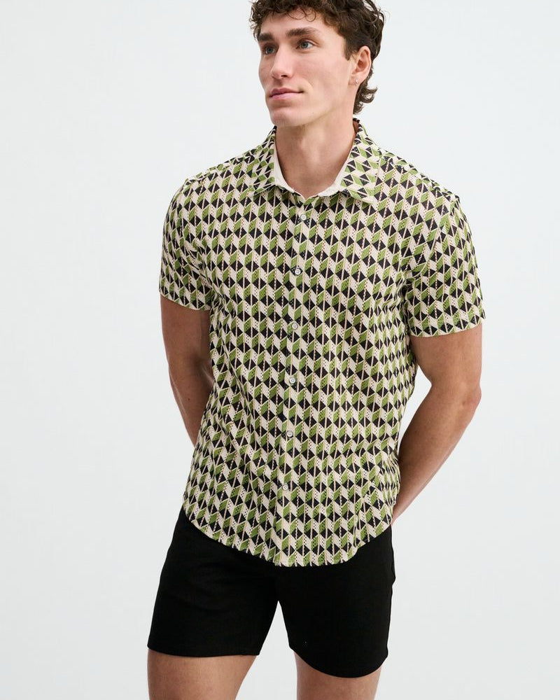 CLOVER/NAVY BOXES PRINTED OPEN KNIT STRETCH SHORT SLEEVE SHIRT ST-48076