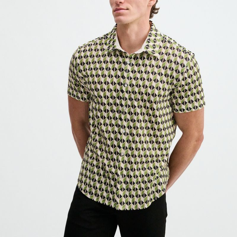 CLOVER/NAVY BOXES PRINTED OPEN KNIT STRETCH SHORT SLEEVE SHIRT ST-48076