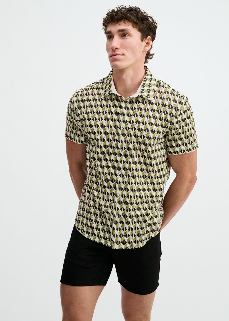 CLOVER/NAVY BOXES PRINTED OPEN KNIT STRETCH SHORT SLEEVE SHIRT ST-48076