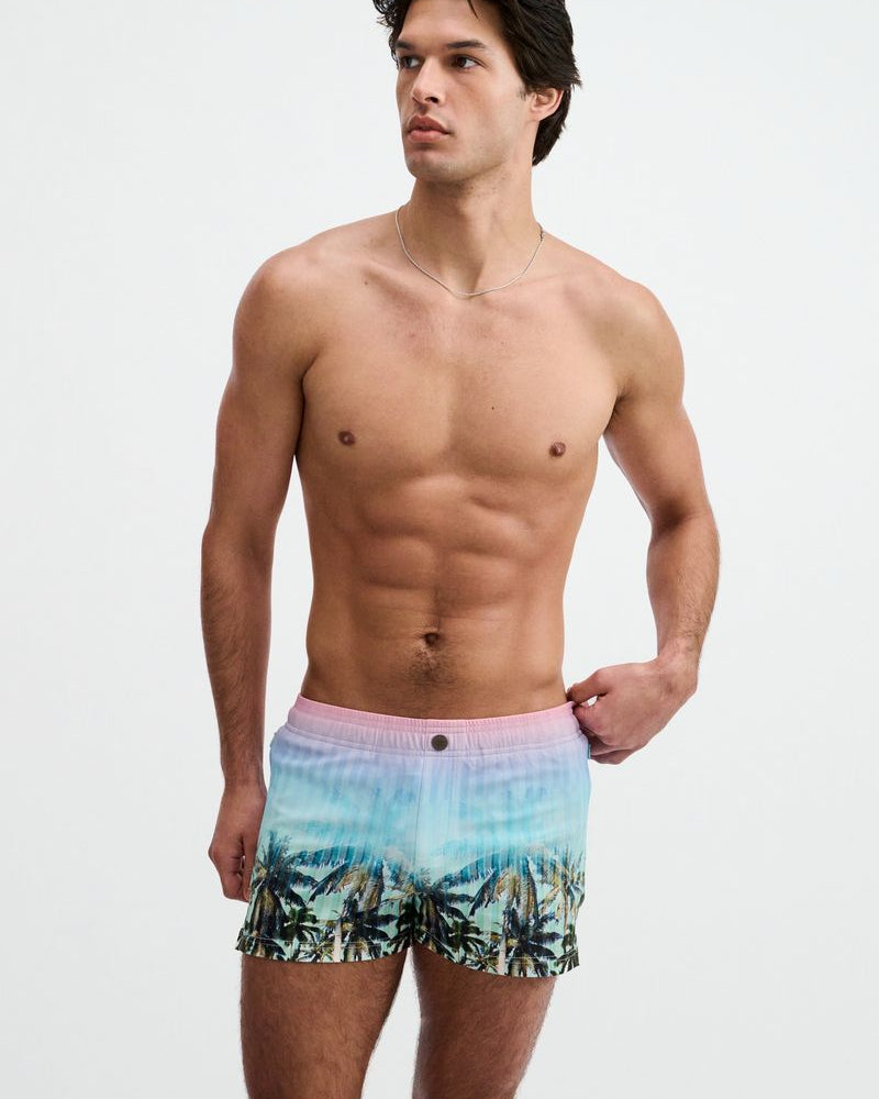 BLUSH/AQUA PALMS PRINTED SWIM SHORTS W/MESH BRIEF LINING ST-8024-12