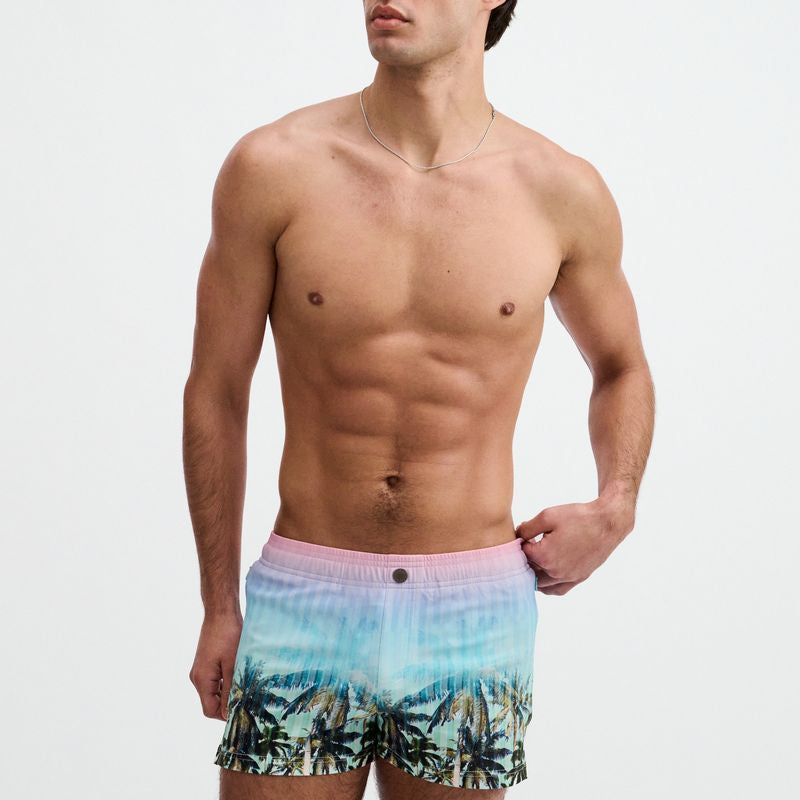 BLUSH/AQUA PALMS PRINTED SWIM SHORTS W/MESH BRIEF LINING ST-8024-12