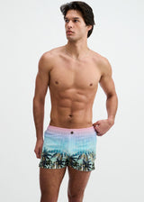 BLUSH/AQUA PALMS PRINTED SWIM SHORTS W/MESH BRIEF LINING ST-8024-12