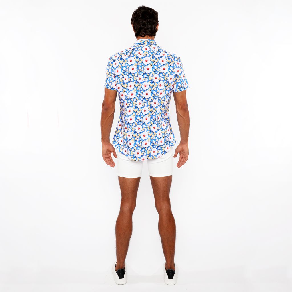 COBALT/GOLD FLORAL 3D PRINT COTTON JERSEY KNIT SHORT SLEEVE SHIRT W/CONTRAST STRIPE PLACKET ST-9326