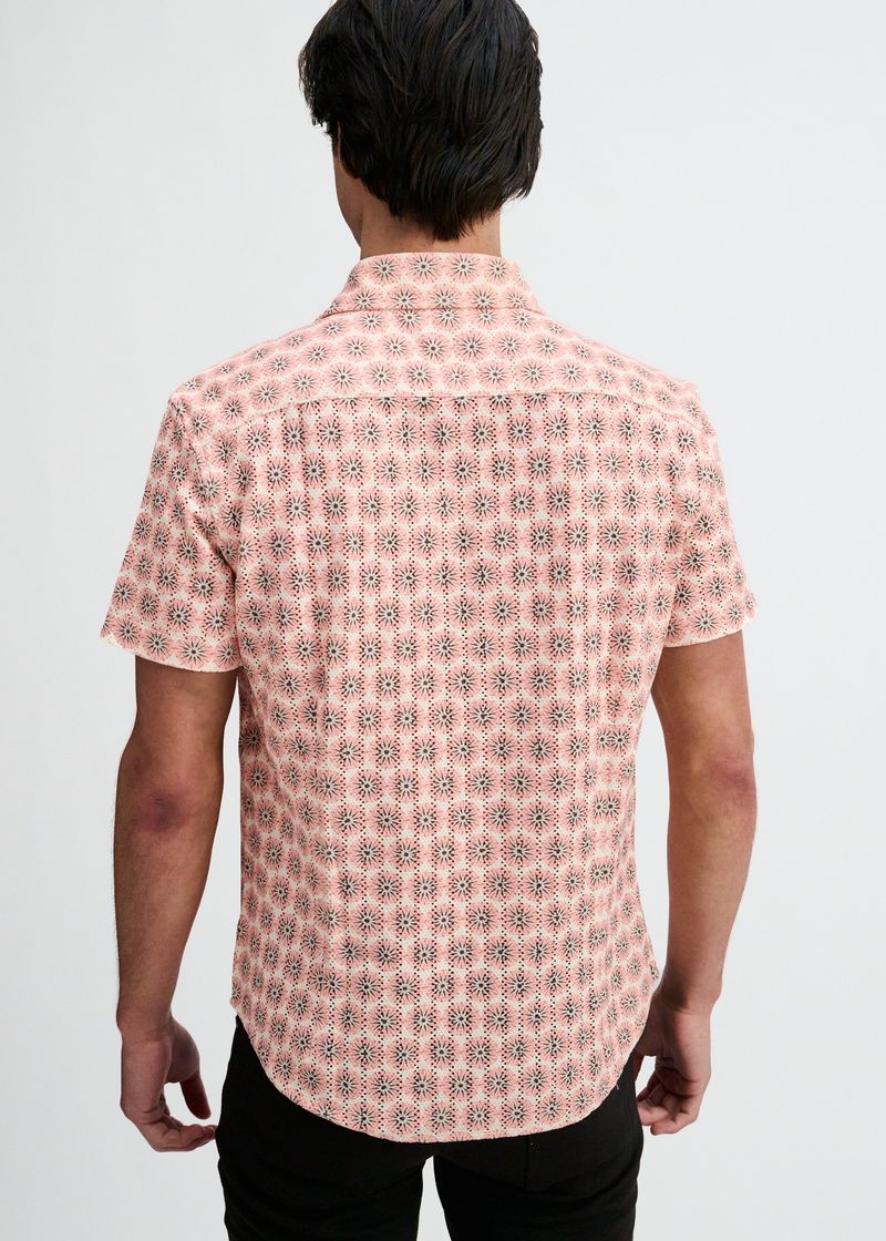 SORBET/CREPE MEDALLIONS PRINTED OPEN KNIT STRETCH SHORT SLEEVE SHIRT ST-48078
