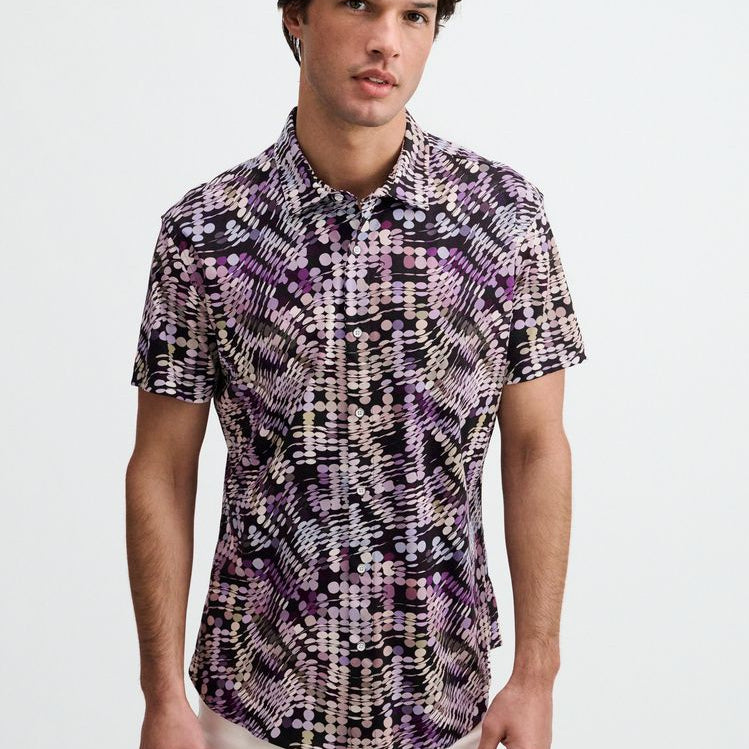 PURPLE/ALOE WAVES PRINTED COTTON KNIT JERSEY SHORT SLEEVE SHIRT ST-9364