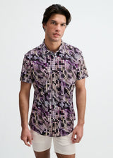 PURPLE/ALOE WAVES PRINTED COTTON KNIT JERSEY SHORT SLEEVE SHIRT ST-9364