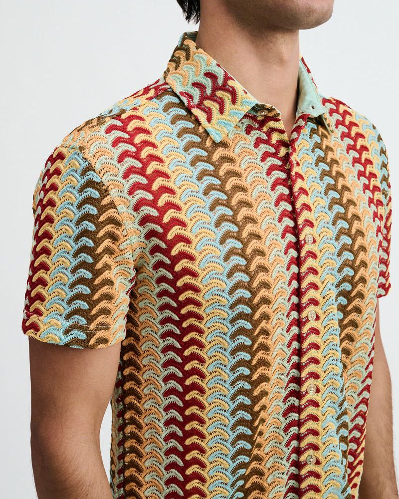 MIRAGE/YOLK VERTICAL ARROW STRIPE OPEN KNIT SHORT SLEEVE SHIRT ST-24072