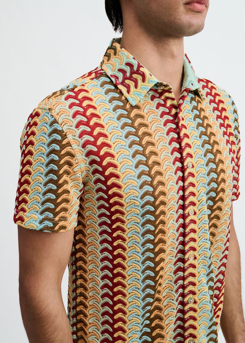 MIRAGE/YOLK VERTICAL ARROW STRIPE OPEN KNIT SHORT SLEEVE SHIRT ST-24072