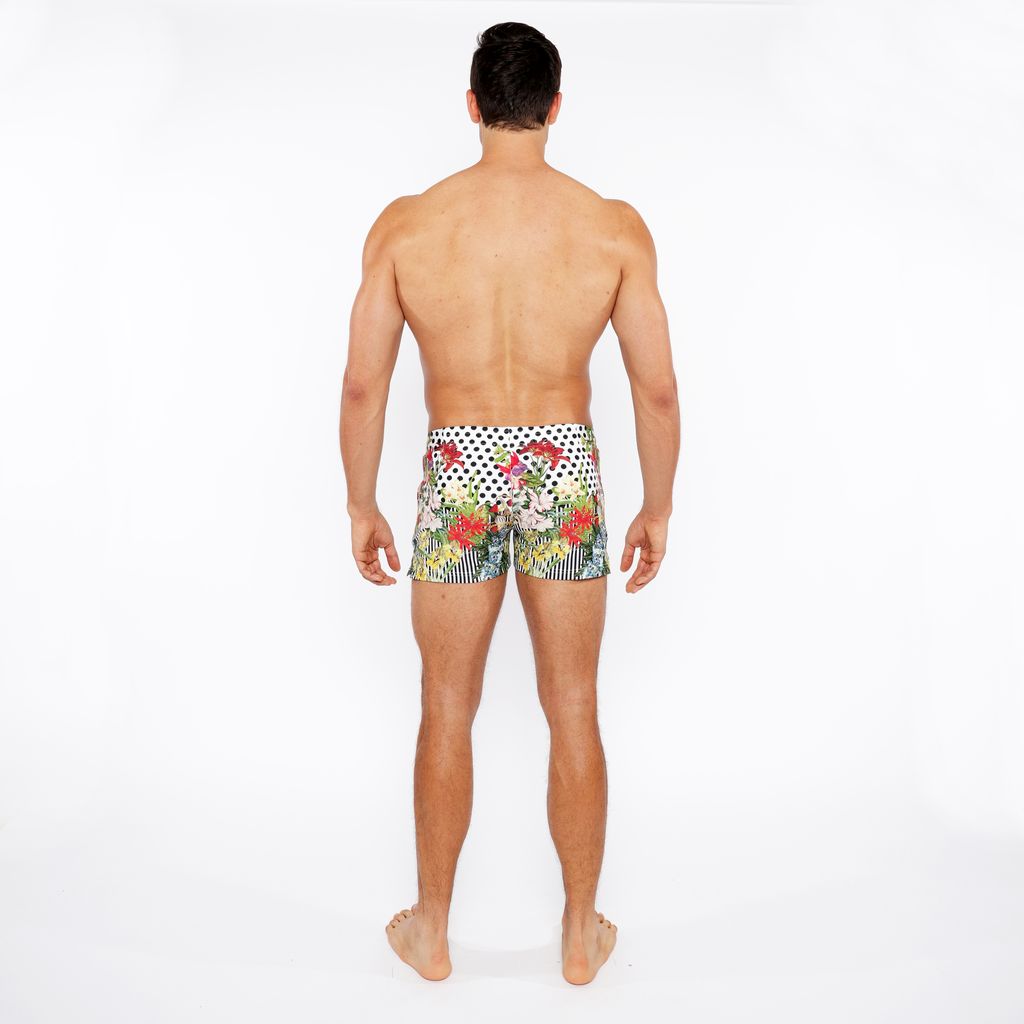 BLACK/WHITE DOTS FLORAL PRINTED SWIM SHORT W/MESH BRIEF LINING ST-8024-03