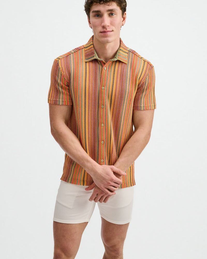 BUMBLEBEE/SAGE VERTICAL STRIPE OPEN KNIT SHORT SLEEVE SHIRT ST-24074