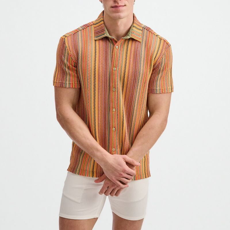 BUMBLEBEE/SAGE VERTICAL STRIPE OPEN KNIT SHORT SLEEVE SHIRT ST-24074
