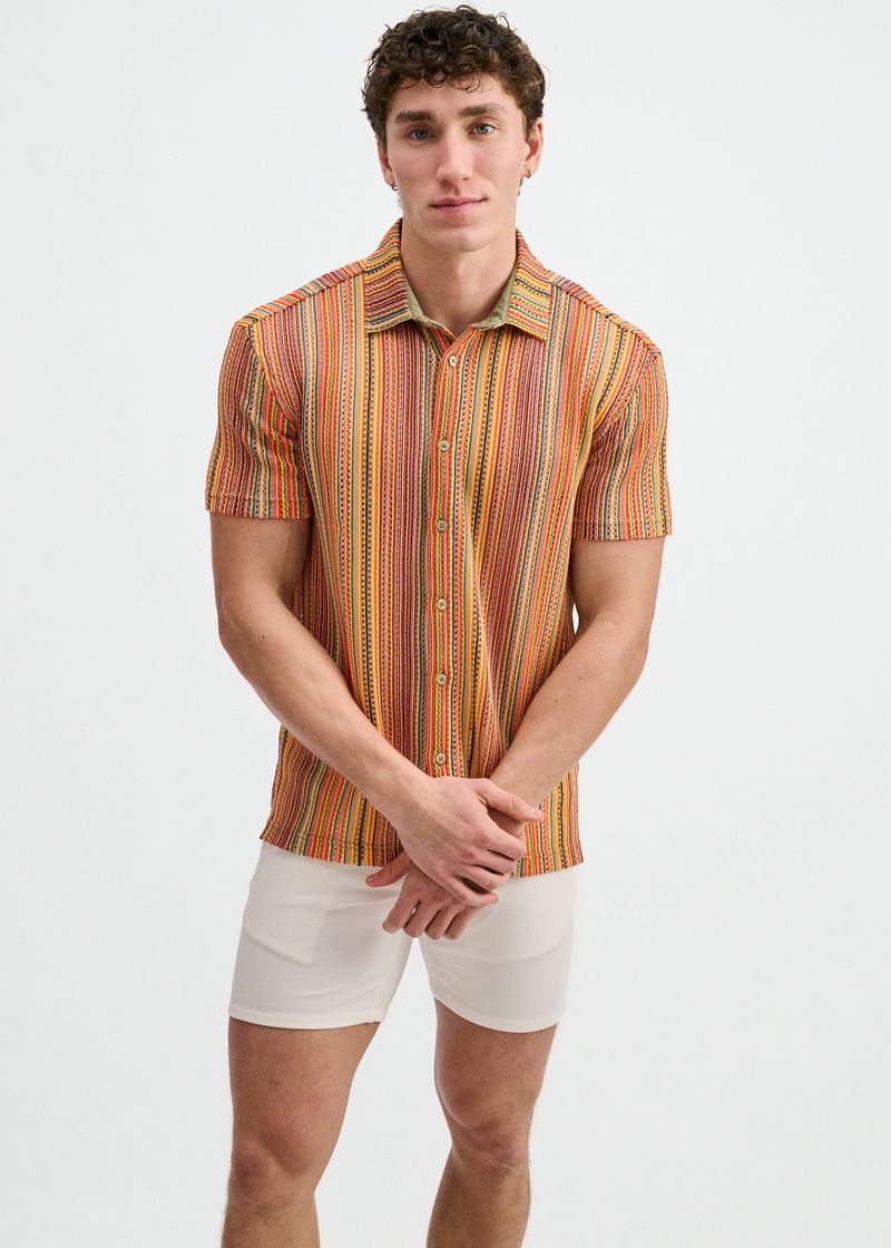 BUMBLEBEE/SAGE VERTICAL STRIPE OPEN KNIT SHORT SLEEVE SHIRT ST-24074