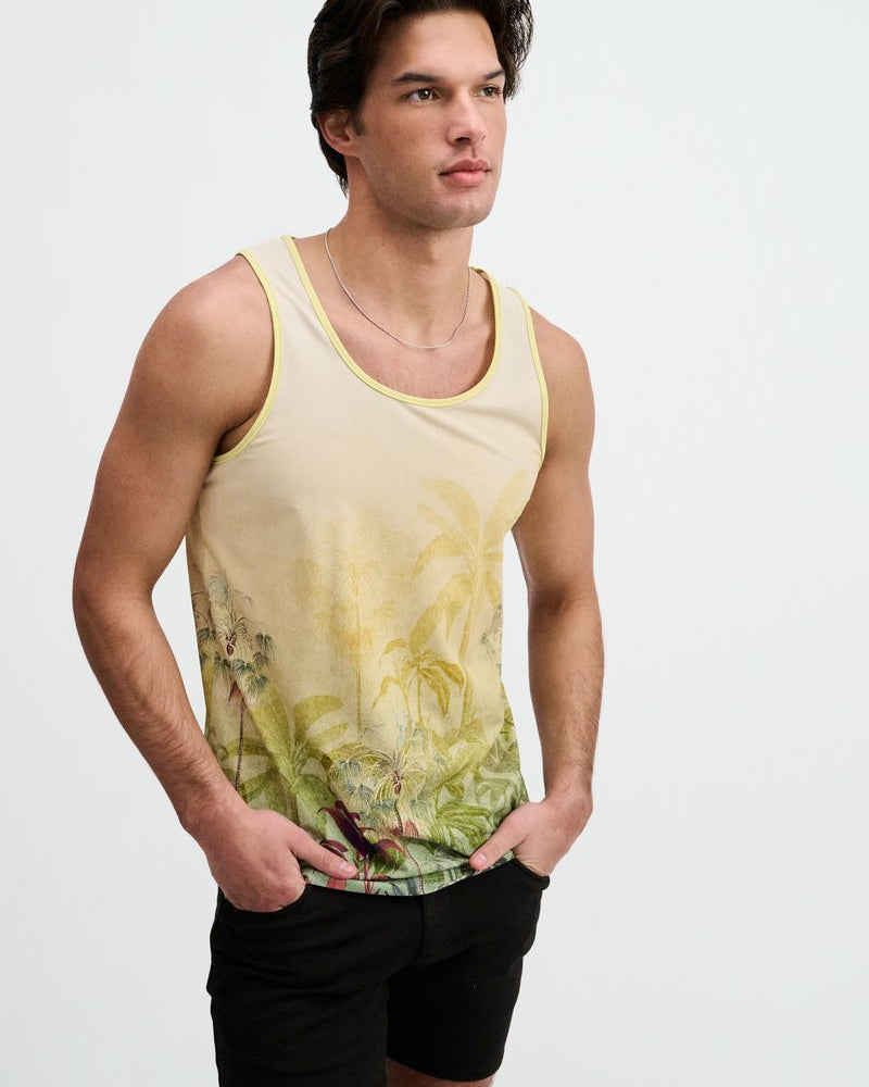 GOLD/GREEN TROPICS PRINTED STRETCH MESH TANK ST-11146