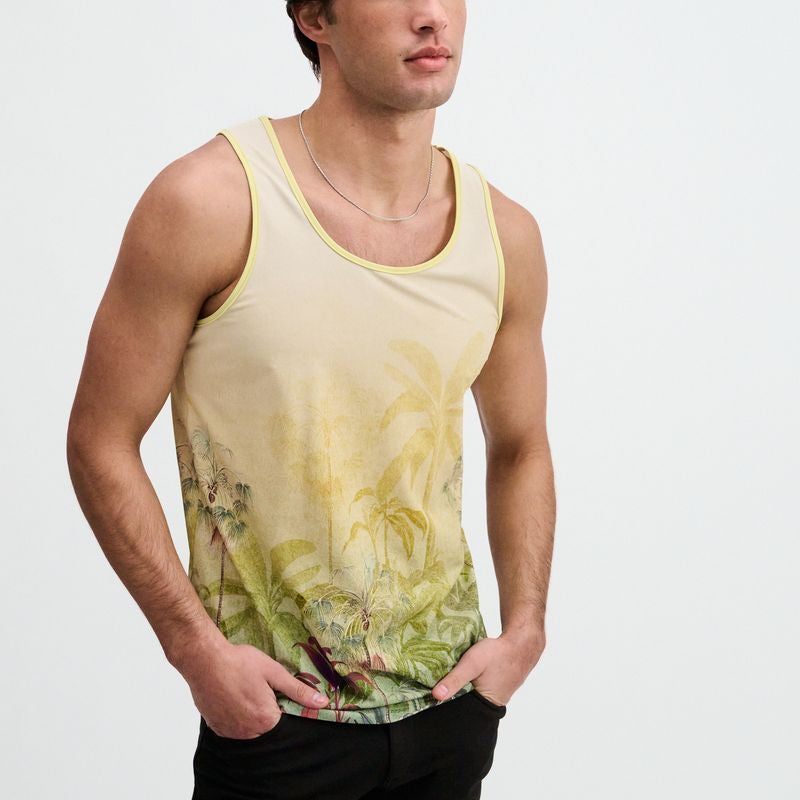 GOLD/GREEN TROPICS PRINTED STRETCH MESH TANK ST-11146