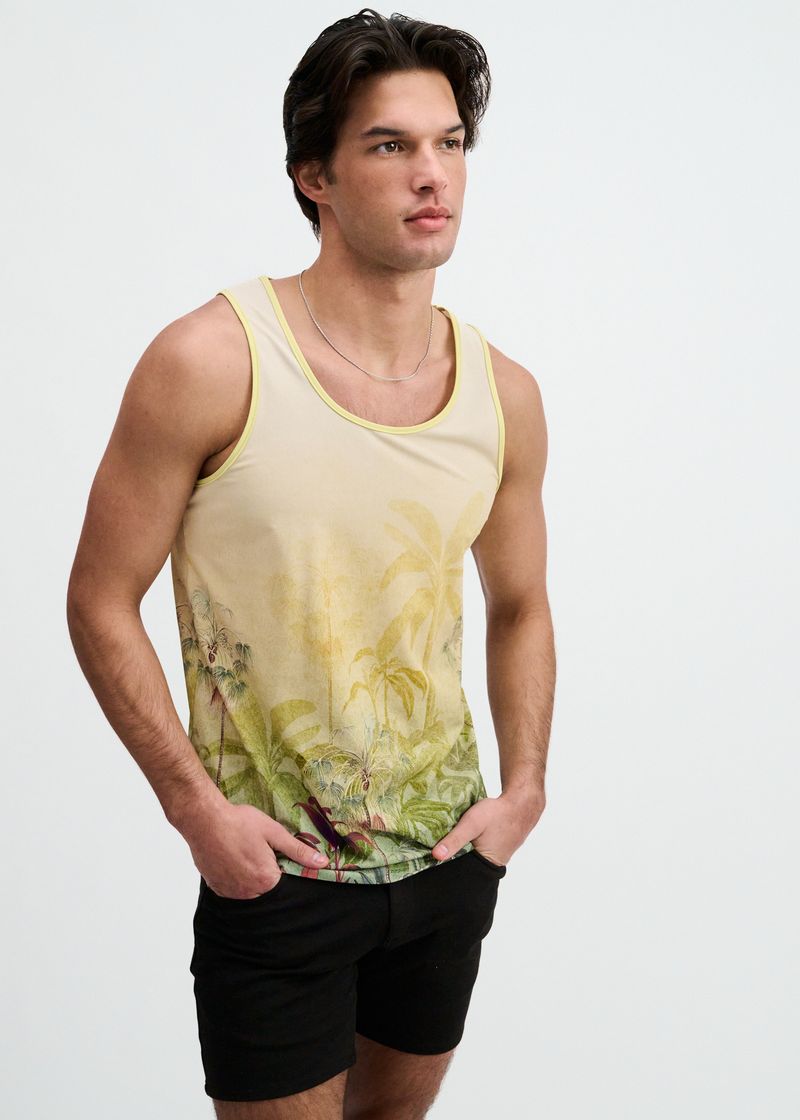 GOLD/GREEN TROPICS PRINTED STRETCH MESH TANK ST-11146
