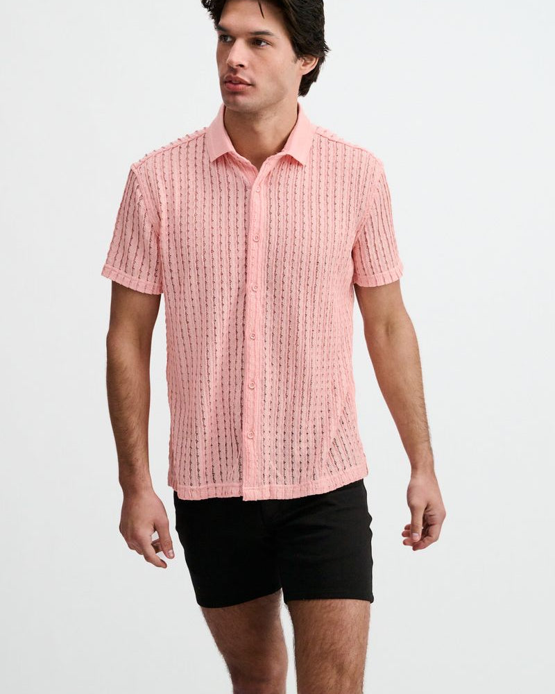 PINK OPEN KNIT SHORT SLEEVE SHIRT W/RIB COLLAR ST-24076