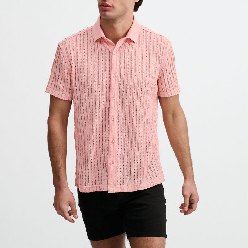 PINK OPEN KNIT SHORT SLEEVE SHIRT W/RIB COLLAR ST-24076