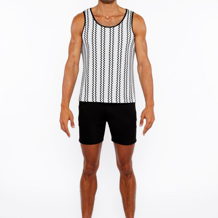 FOG BLUE/BLACK ZIGZAG STRIPES STRETCH OPEN KNIT TANK TOP ST-24218