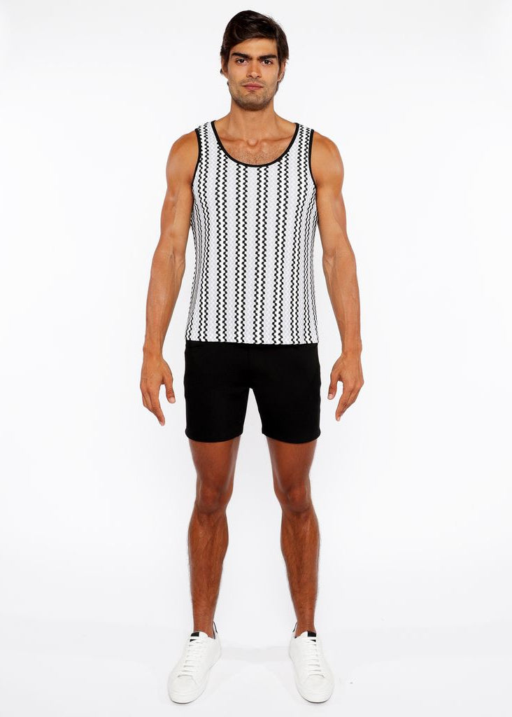 FOG BLUE/BLACK ZIGZAG STRIPES STRETCH OPEN KNIT TANK TOP ST-24218