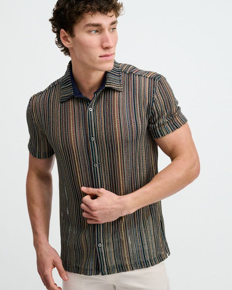 TURQUOISE/KHAKI VERTICAL STRIPE OPEN KNIT SHORT SLEEVE SHIRT ST-24073
