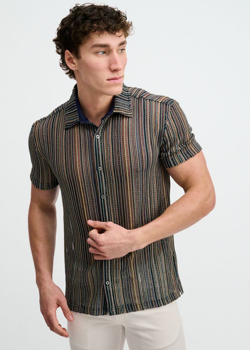 TURQUOISE/KHAKI VERTICAL STRIPE OPEN KNIT SHORT SLEEVE SHIRT ST-24073