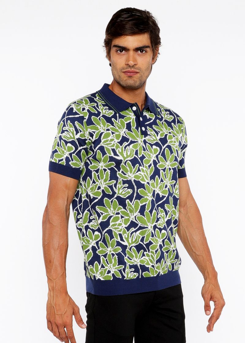 BUD/NAVY FLORAL JACQUARD KNIT 3-BUTTON POLO ST-24307