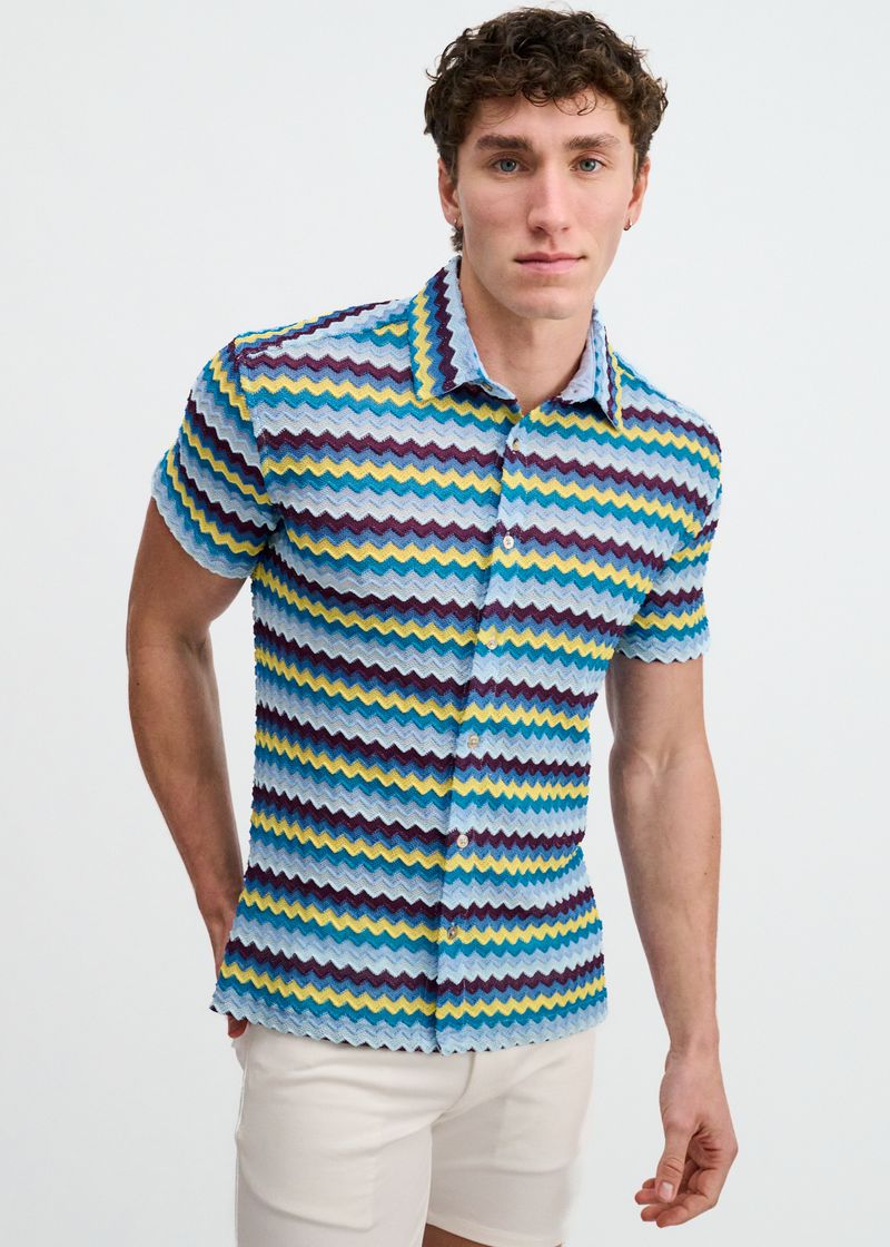 MIRAGE/GOLD OPEN KNIT STRETCH CHEVRON SHORT SLEEVE SHIRT ST-24078