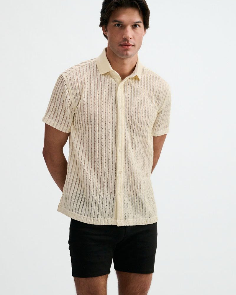 OFF WHITE OPEN KNIT SHORT SLEEVE SHIRT W/RIB COLLAR ST-24076