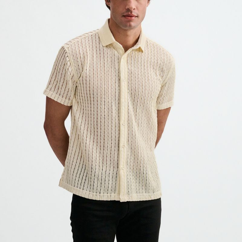 OFF WHITE OPEN KNIT SHORT SLEEVE SHIRT W/RIB COLLAR ST-24076