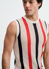 OFF WHITE TEXTURED STRIPE OPEN KNIT VEST ST-24311