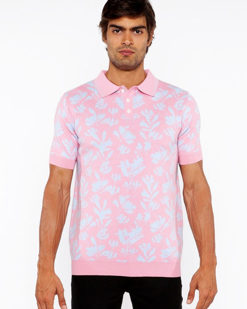 PINK/SKY LEAVES JACQUARD KNIT 3-BUTTON POLO ST-24305