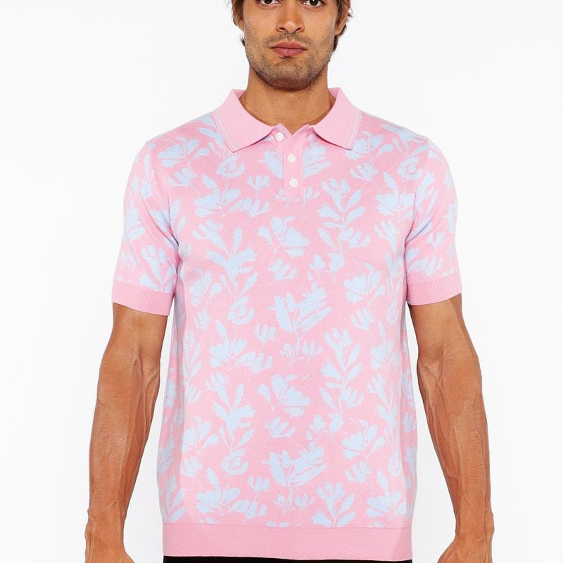 PINK/SKY LEAVES JACQUARD KNIT 3-BUTTON POLO ST-24305