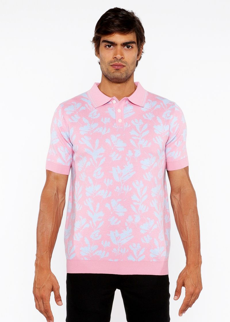 PINK/SKY LEAVES JACQUARD KNIT 3-BUTTON POLO ST-24305