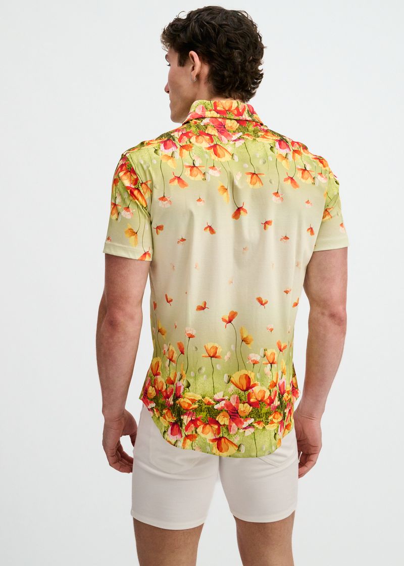 GRASS/ORANGE FLORAL ENGINEERED BORDER PRINT COTTON KNIT JERSEY SHORT SLEEVE SHIRT ST-9350