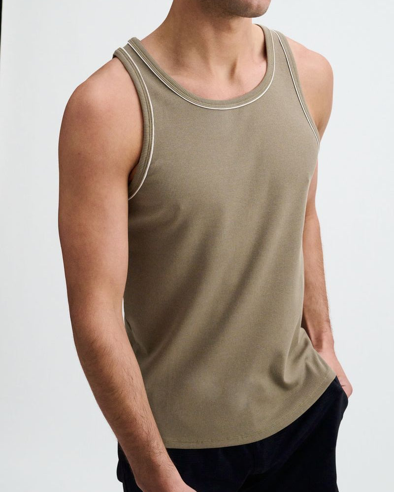 RANGER/WHITE RIB STRETCH COTTON/TENCEL TANK W/FINE PIPING DETAIL STA-16011