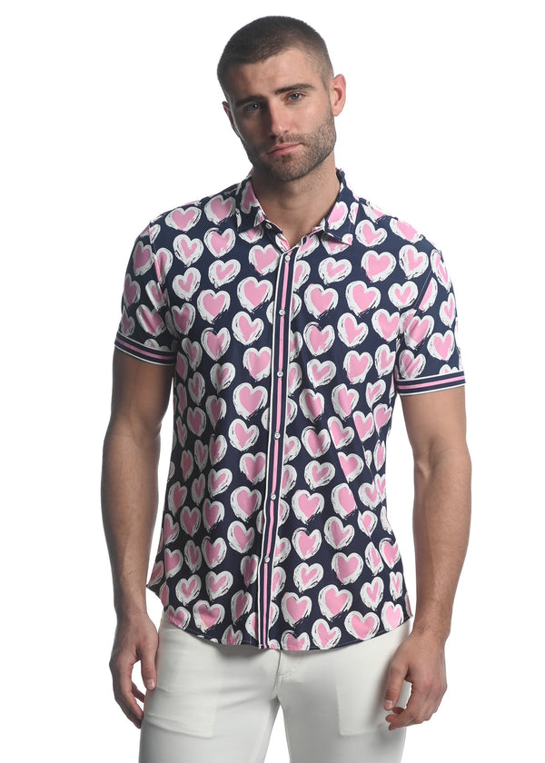 NAVY/ BLUSH HEARTS PRINTED SHORT SLEEVE PERFORMANCE SHIRT ST-26001