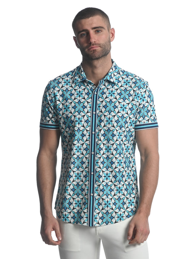 TEAL/ NAVY STAR FLEUR PRINTED SHORT SLEEVE PERFORMANCE SHIRT ST-26003