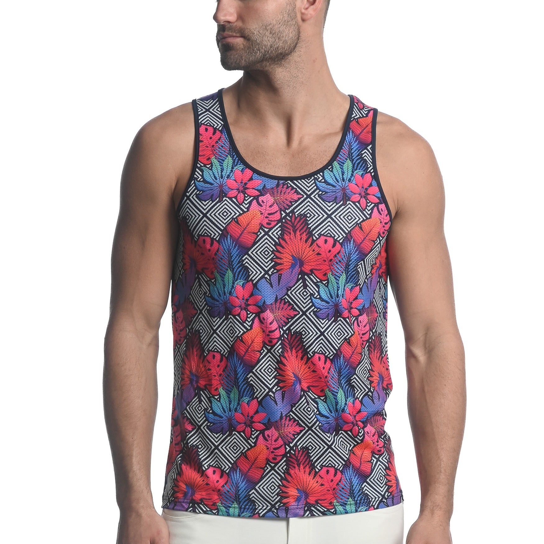FUCHSIA/NAVY DIAMOND TROPICS PRINTED STRETCH MESH SINGLET  ST-11083