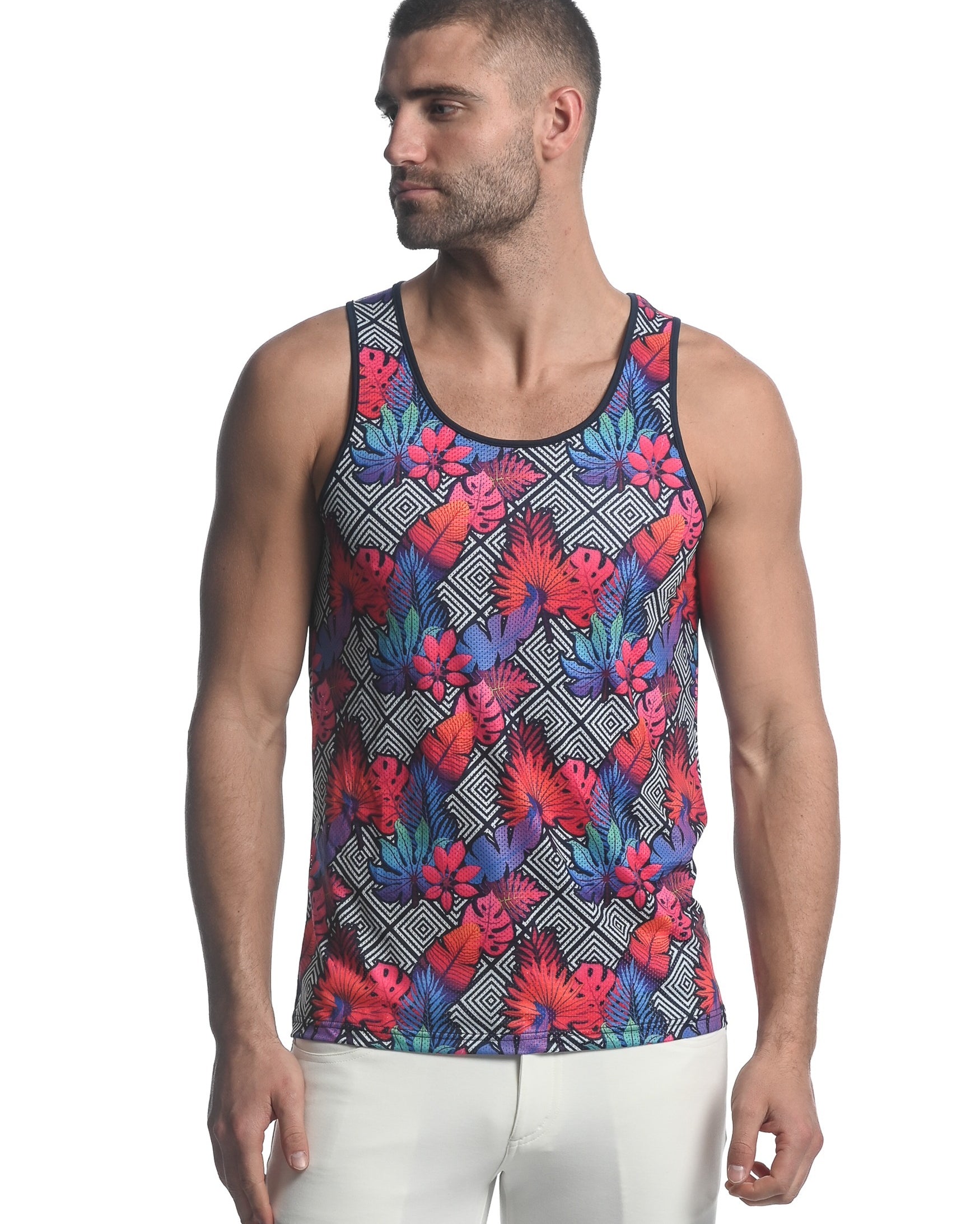 FUCHSIA/NAVY DIAMOND TROPICS PRINTED STRETCH MESH SINGLET  ST-11083