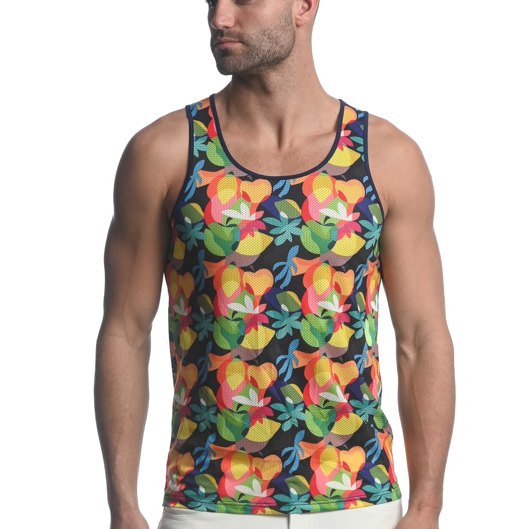 RAINBOW ABSTRACT TROPICS PRINTED STRETCH MESH SINGLET ST-11084