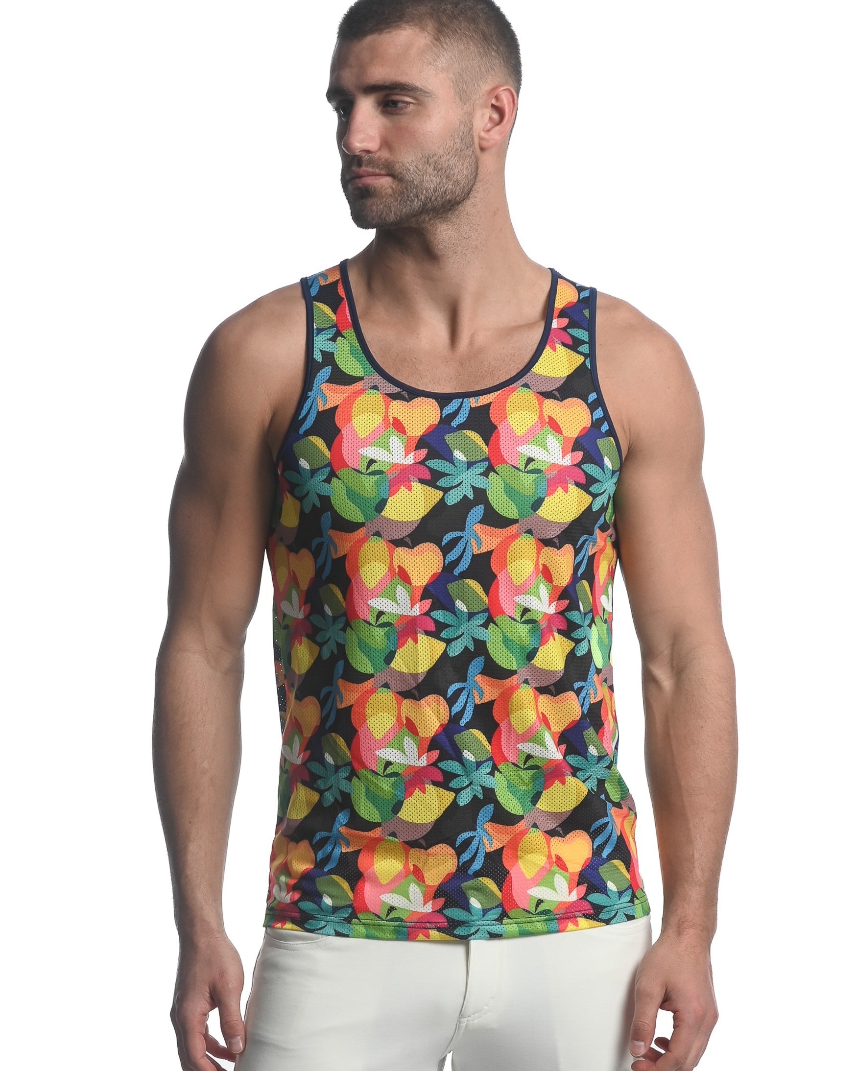 RAINBOW ABSTRACT TROPICS PRINTED STRETCH MESH SINGLET ST-11084