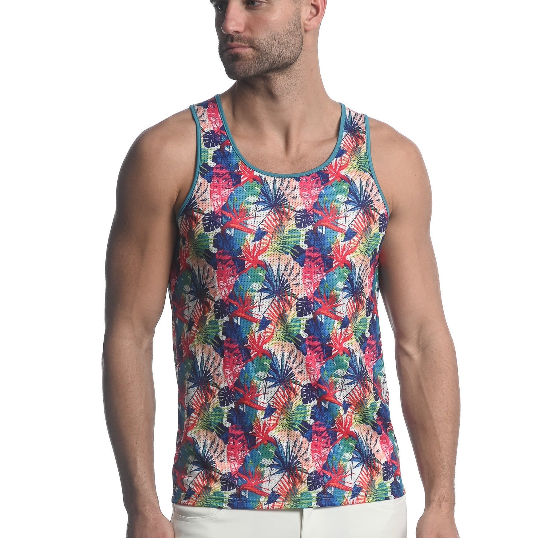 TEAL / FUCHSIA TROPICS PRINTED STRETCH MESH SINGLET ST-11085