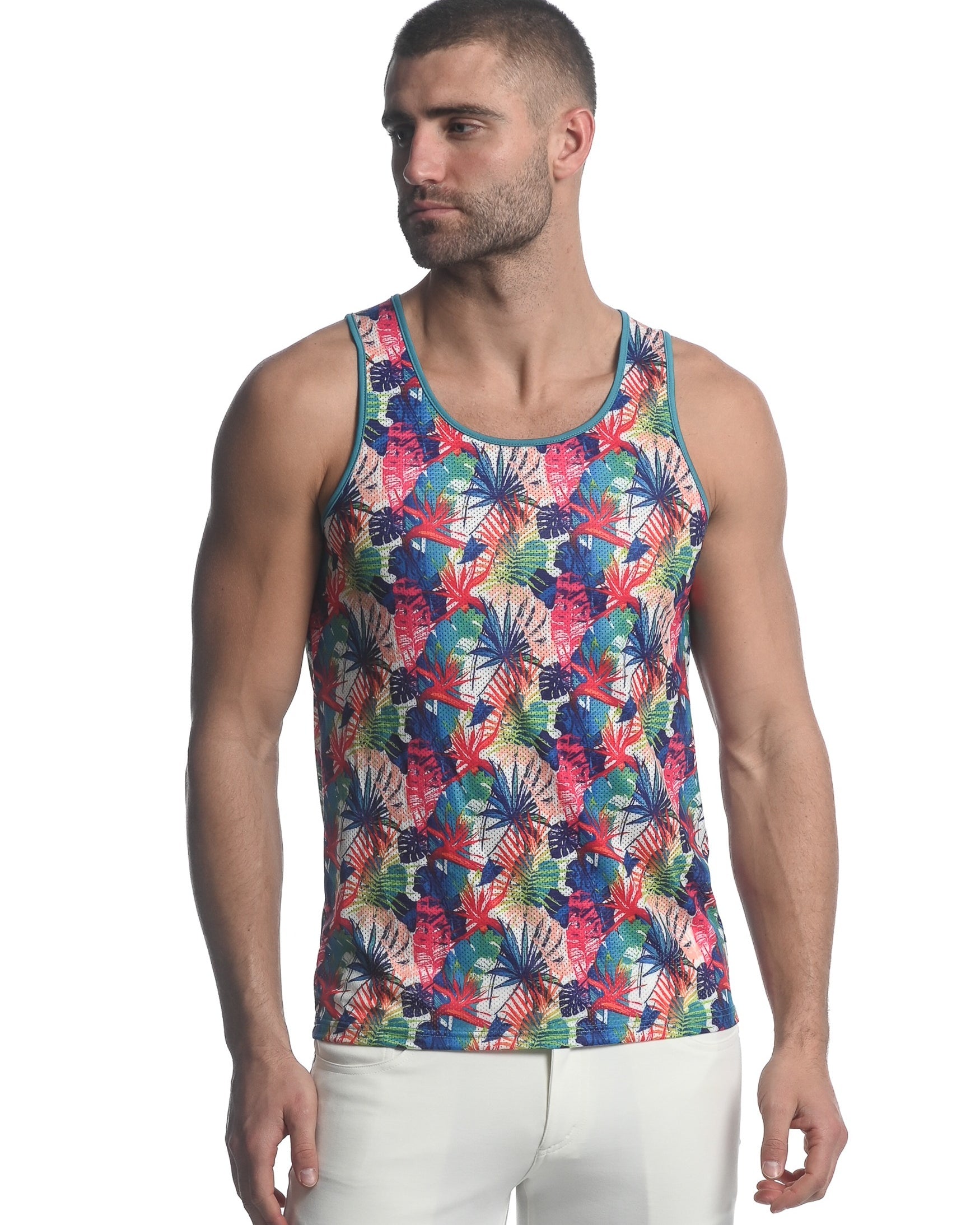 TEAL / FUCHSIA TROPICS PRINTED STRETCH MESH SINGLET ST-11085